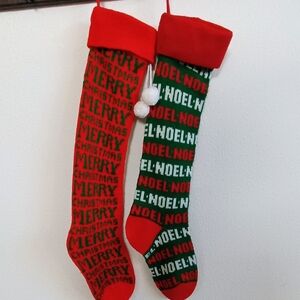 RARE Set 2 Vintage Long Knit Skinny Sock Stockings NOEL MERRY CHRISTMAS Retro